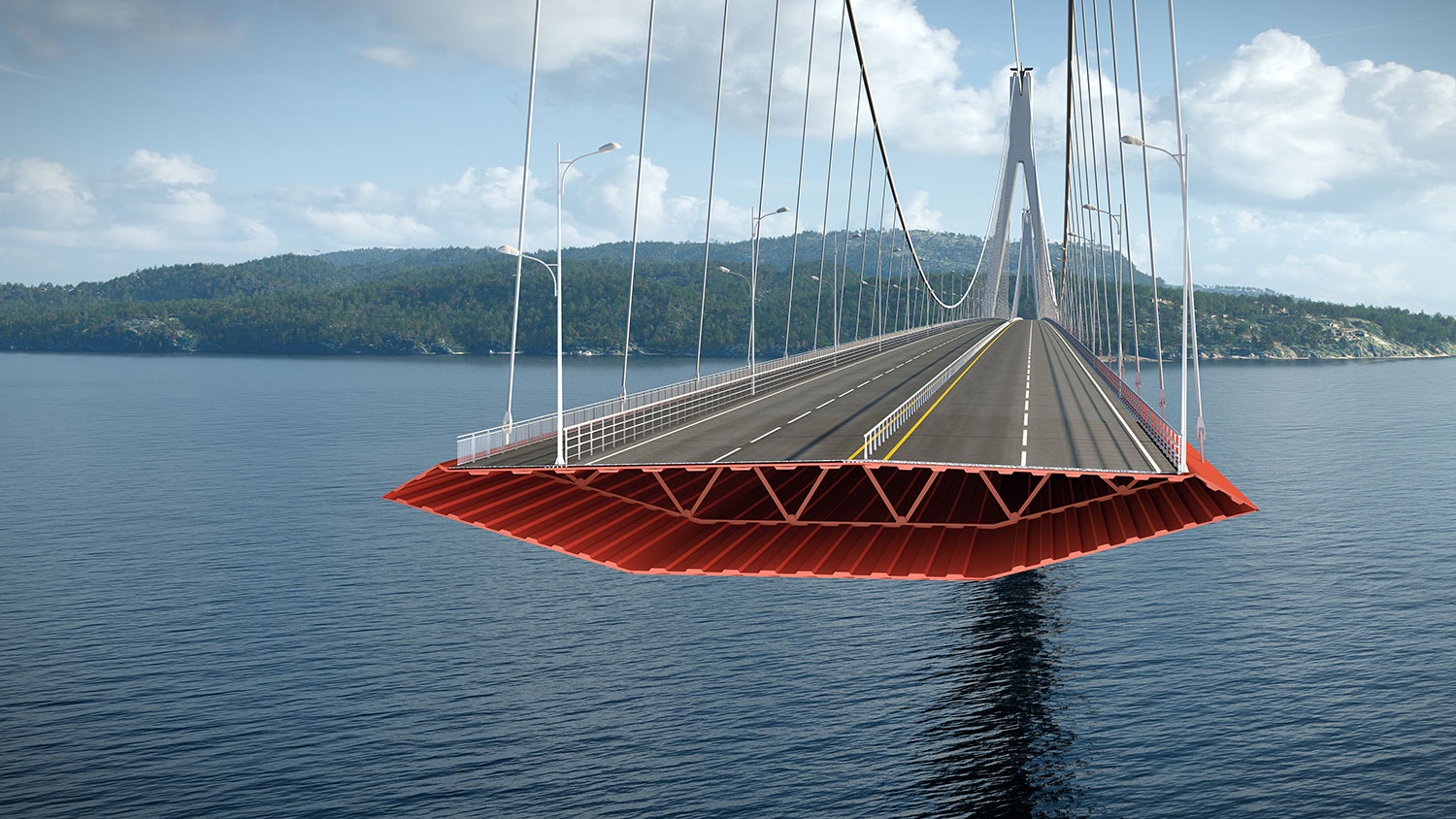 Snitt brukasse hengebru på flytande fundament